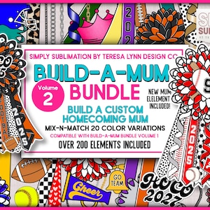 May include: A digital design bundle for creating custom homecoming mums. The design features a variety of elements, including ribbons, sports-themed graphics, and the text "HOCO 2025". The bundle includes over 200 elements and 20 color variations.