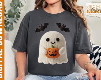 Faux Knitted Ghost with Pumpkin - Halloween Sublimation Design (PNG Digital Download)