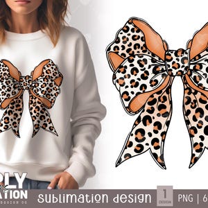 May include: A sublimation design featuring a large, orange and brown leopard print bow. The bow is drawn in a simple, outlined style.