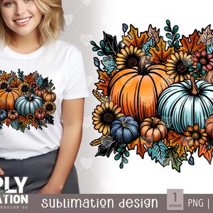 May include: Sublimation design featuring a cluster of pumpkins in various shades of orange, blue, and green, surrounded by autumn leaves and flowers. The pumpkins are arranged in a circular pattern, with the largest pumpkin in the centre. The design is perfect for creating t-shirts, mugs, tote bags, and other items.