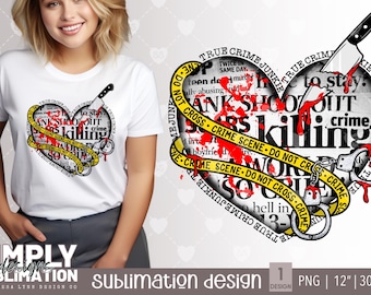 May include: A sublimation design featuring a red heart with a bloody knife and handcuffs. The heart is surrounded by yellow crime scene tape with the text "TRUE CRIME JUNKIE" and "DO NOT CROSS CRIME SCENE" repeated.
