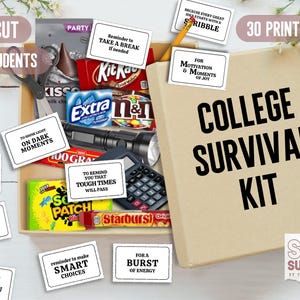 College Survival Kit druckbare Karten - PDF Geschenkanhänger mit lustigen Sprüchen für Pflegepakete - 30 vorgefertigte + 2 leere Print & Cut Candy Geschenkkarten