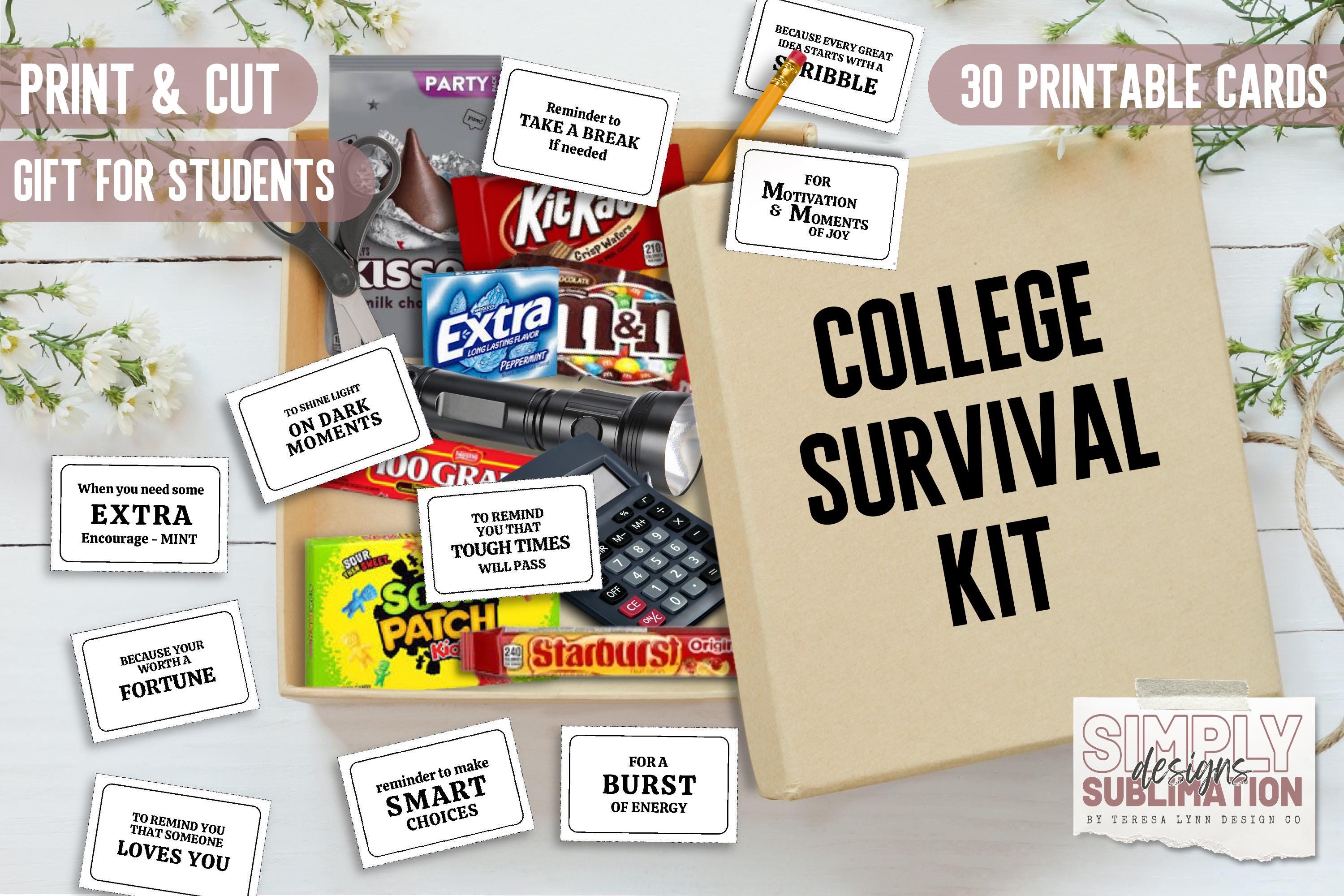 College Survival Kit Printable Cards – PDF Gift Tags with Fun Phrases for Care Packages – 30 Premade + 2 Blank Print & Cut Candy Gift Cards