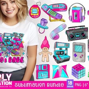 May include: A sublimation bundle of 18 retro-themed designs featuring a variety of 90s icons, including a boombox, a cassette tape, a troll doll, a floppy disk, a Rubik's Cube, a slinky, and a pair of sunglasses. The designs are in a bright colour palette of pink, blue, and green. The text "90's Babe" is featured on one of the designs. The designs are 6 to 10 inches in size and 300 DPI.
