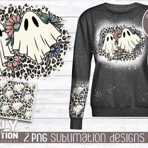 May include: Two white ghosts with black eyes and a pink mouth are on a leopard print background with pink and purple flowers. The design is for sublimation and is 300 dpi.