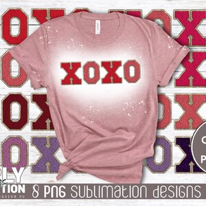 May include: Eight sublimation designs featuring faux chenille XOXO patches in various colors, including red, pink, purple, and black. The designs are 300 dpi and perfect for creating custom apparel, home decor, and more.