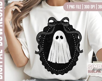 Vintage Framed Ghost, Black Lace Bow, Halloween Sublimation (Digital Download)