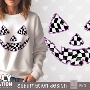 May include: A sublimation design featuring a checkered jack-o'-lantern face with a purple outline. The design is 12 inches and 300 DPI.