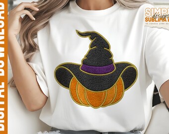 Faux Chenille Pumpkin Witch Hat Patch: Halloween Sublimation Design (Digital Download)