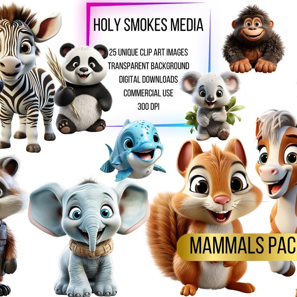 Cartoon MAMMALS Pack #3! Clipart Bundle - Transparent Background - Digital Download - PNG Graphics - Commercial Use