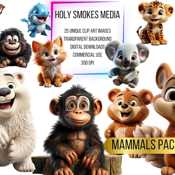 Cartoon MAMMALS Pack #2! Clipart Bundle - Transparent Background - Digital Download - PNG Graphics - Commercial Use