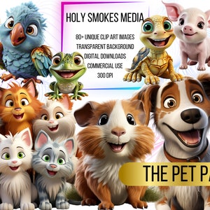 Paquete de dibujos animados de mascotas. ¡Paquete de más de 80 imágenes prediseñadas! Fondo transparente. Descarga digital. Gráficos PNG. Uso comercial gratuito.