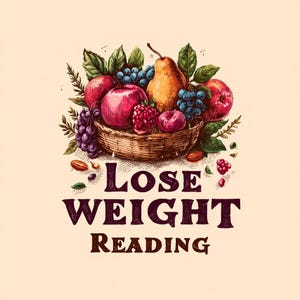 Op de afbeelding: Een digitale illustratie van een rieten mand vol met verschillende vruchten, waaronder appels, druiven en een peer. De tekst "LOSE WEIGHT READING" wordt in een gestileerd lettertype onder de mand weergegeven, tegen een crèmekleurige achtergrond.
