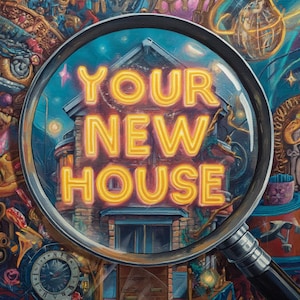 May include: A colorful, detailed illustration viewed through a magnifying glass. The text "YOUR NEW HOUSE" is prominently displayed in glowing orange letters against a backdrop of a brick house and a night sky. The image is surrounded by various objects.