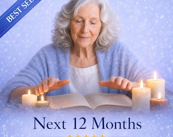 May include: An elderly woman with gray hair and a blue shawl is seen with her hands over an open book. Lit candles surround the book. The text "Next 12 Months" and "Grandmother Pendragon" are displayed below. A banner in the upper left corner reads "Best Seller".