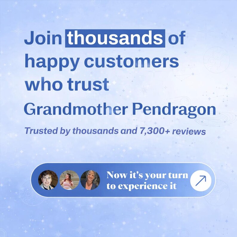 Pode incluir: Gr&aacute;fico azul claro com o texto "Junte-se a milhares de clientes satisfeitos que confiam na Grandmother Pendragon". O gr&aacute;fico tamb&eacute;m inclui o texto "Confi&aacute;vel por milhares e mais de 7.300 avalia&ccedil;&otilde;es" e um call to action.