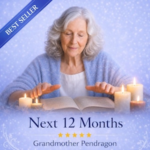 Op de afbeelding: Een oudere vrouw met gesloten ogen, gekleed in een blauwe trui, is gepositioneerd boven een open boek, omringd door brandende kaarsen. De afbeelding heeft de tekst "Next 12 Months" en "Grandmother Pendragon" met een "Best Seller" banner.