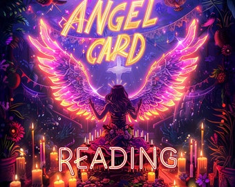 May include: A neon sign with the words "Angel Card Reading" in a purple and yellow colour scheme. The sign is surrounded by glowing wings and candles.