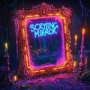 Könnte beinhalten: Dekorativer Spiegel mit einem Neon-Schild mit der Aufschrift "Scrying Mirror". Der Spiegel hat einen verzierten Goldrahmen mit rosa und lila Akzenten. Angezündete Kerzen und Kerzenhalter umgeben den Spiegel und schaffen eine mystische Atmosphäre.