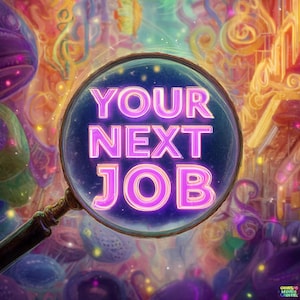 Könnte beinhalten: Eine Lupe mit einem violetten und pinkfarbenen Neon-Glanz, die die Worte "YOUR NEXT JOB" vor einem bunten, abstrakten Hintergrund zeigt.