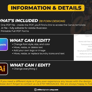 May include: Digital art information graphic with a black background and yellow banner. Text includes "Information & Details", "What's Included", and "What Can I Edit?" with Canva and Adobe Illustrator logos. The graphic also includes notes about the product.