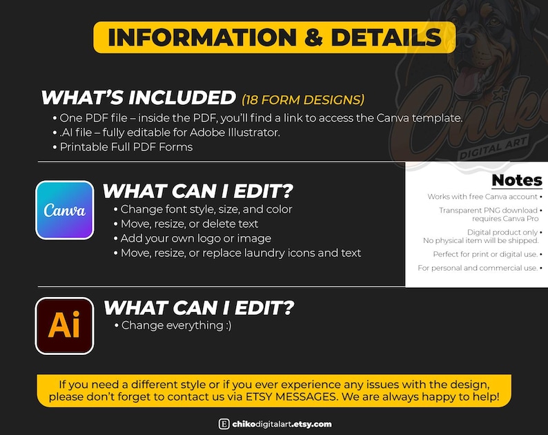 May include: Digital art information graphic with a black background and yellow banner. Text includes "Information & Details", "What's Included", and "What Can I Edit?" with Canva and Adobe Illustrator logos. The graphic also includes notes about the product.