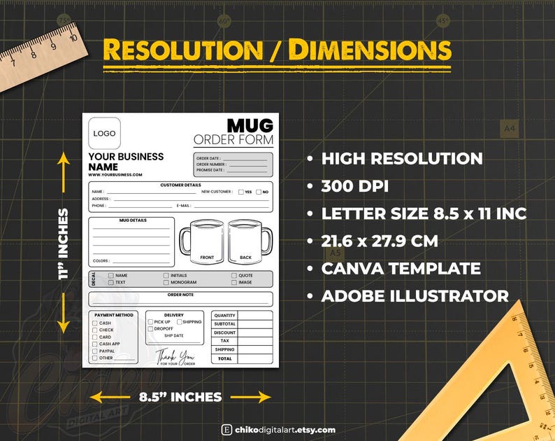 May include: A black and white mug order form with the text "Mug Order Form" and "Your Business Name". The form is 8.5 x 11 inches (21.6 x 27.9 cm) and includes sections for customer details, mug details, and payment methods. The image also includes the text "High Resolution" and "Canva Template".
