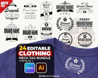 24 Editable Clothing Neck Tag Bundle (Vintage Oldschool 1) | T-shirt Label Templates | Canva + Illustrator AI | DIY Custom Garment Care Tags