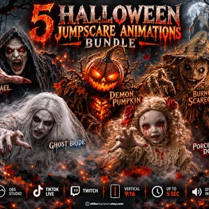 Op de afbeelding: Een digitaal pakket getiteld 5 Halloween Jumpscare Animations Bundle met vijf horrorpersonages: Azrael, Demon Pumpkin, Burned Scarecrow, Ghost Bride en Porcelain Doll. De afbeelding bevat iconen voor OBS Studio, TikTok Live en Twitch.
