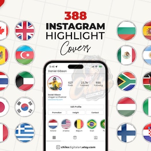 May include: A collection of 388 Instagram Highlight Covers featuring various country flags in a circular design. The image includes a smartphone displaying a profile page with the name "Daniel Gibson" and the text "Vlogger & Influencer".