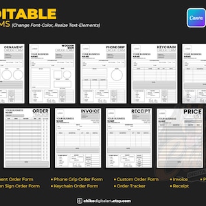 May include: A digital art print featuring editable forms for various business needs. Includes order forms, invoices, and price lists. The forms are customizable with options to change font, color, and resize text elements. The image also includes Canva and AI logos.
