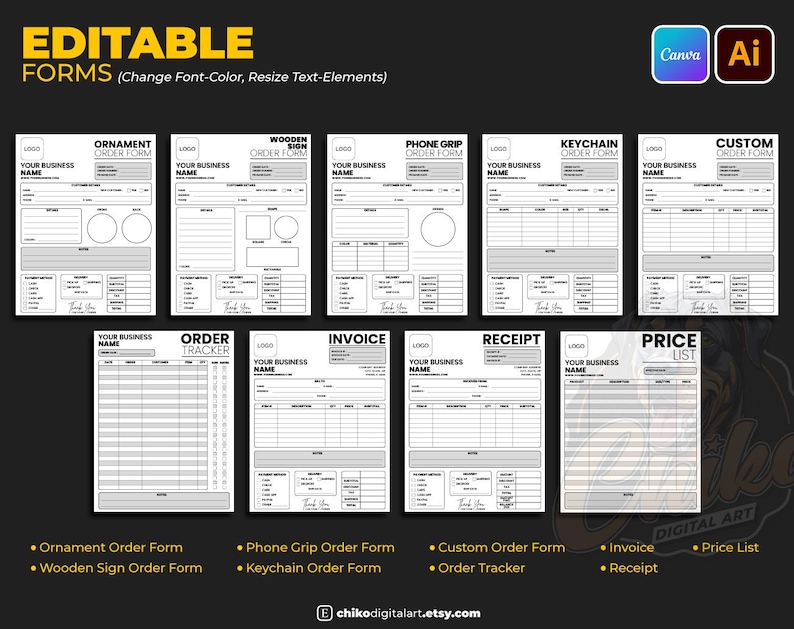 May include: A digital art print featuring editable forms for various business needs. Includes order forms, invoices, and price lists. The forms are customizable with options to change font, color, and resize text elements. The image also includes Canva and AI logos.