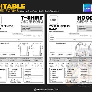 May include: Black and white editable order forms for t-shirts and hoodies. The forms include sections for customer details, t-shirt or hoodie details, payment methods, and delivery options. The forms are designed for businesses.