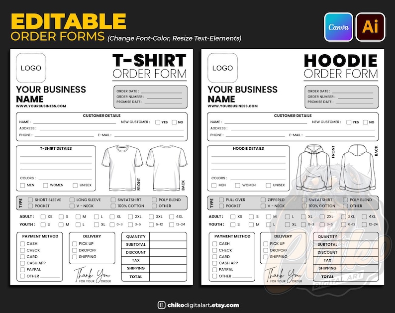 May include: Black and white editable order forms for t-shirts and hoodies. The forms include sections for customer details, t-shirt or hoodie details, payment methods, and delivery options. The forms are designed for businesses.