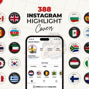 Może przedstawiać: Plik cyfrowy z 388 okładkami wyróżnień na Instagramie, każda z flagą innego kraju. Obraz przedstawia smartfon wyświetlający profil i tekst "Instagram Highlight Covers". Widoczna jest również nazwa sklepu Etsy "chikodigitalart.etsy.com".