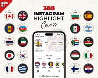 388 Instagram Highlight Covers, Country Flags Travel Icons, Minimal IG Story Highlights, Digital Download, 194 Countries Neutral Background