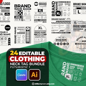 Puede incluir: Un archivo digital con 24 diseños de etiquetas de cuello de ropa editables. Las etiquetas incluyen nombres de marcas, símbolos de cuidado e indicadores de talla. También se muestra una camiseta verde con una etiqueta impresa.