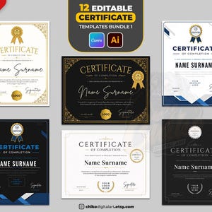 Puede incluir: Un paquete digital de 12 plantillas de certificados editables con varios diseños en esquemas de color negro, blanco, dorado y azul. Cada plantilla incluye marcadores de posición para nombres, fechas y firmas, con bordes y sellos decorativos.