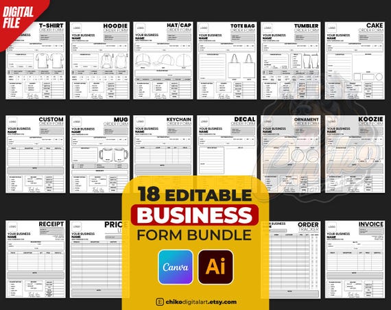 18 Editable Business Form Bundle | T-Shirt & Tumbler Order Forms | Canva + Illustrator AI | Small Business Invoice Templates
