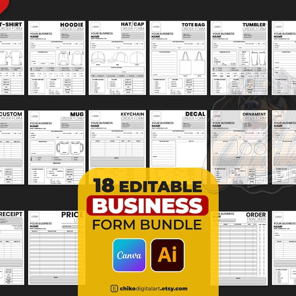 18 Editable Business Form Bundle | T-Shirt & Tumbler Order Forms | Canva + Illustrator AI | Small Business Invoice Templates