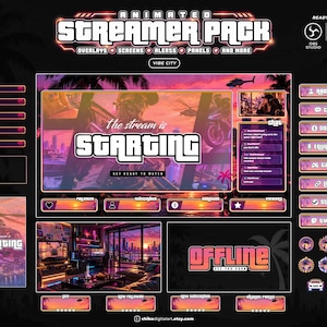 Può includere: Un pacchetto streamer animato con sovrapposizioni a tema tramonto, palme, elicotteri e paesaggi urbani. Include pannelli per About Me, Chat, Donate, Equipment, Games, Links, Steam e Twitch, oltre a schermate di avvio e offline.