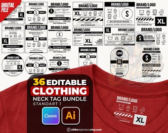 36 Editable Clothing Neck Tag Bundle (Standard 1) | T-shirt Label Templates | Canva + Illustrator AI | DIY Custom Garment Care Tags