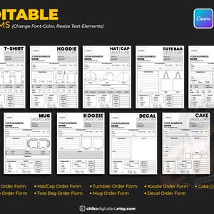 May include: A digital art print featuring editable order forms for various products, including t-shirts, hoodies, hats, tote bags, tumblers, mugs, koozies, decals, and cakes. The forms are in black and white with space for business details.