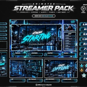 May include: An animated streamer pack in ice blue and cyan neon colors, featuring overlays, screens, alerts, and panels. The design includes text such as STREAM STARTING, STREAM ENDING, STREAM OFFLINE, and various labels like ABOUT ME, CHAT, and DONATE.