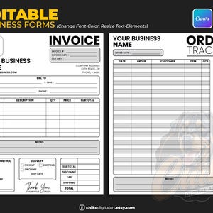 May include: A digital download featuring editable business forms, including an invoice and order tracker. The forms are in black and white with sections for business name, logo, and customer details. The image includes the text "EDITABLE BUSINESS FORMS".