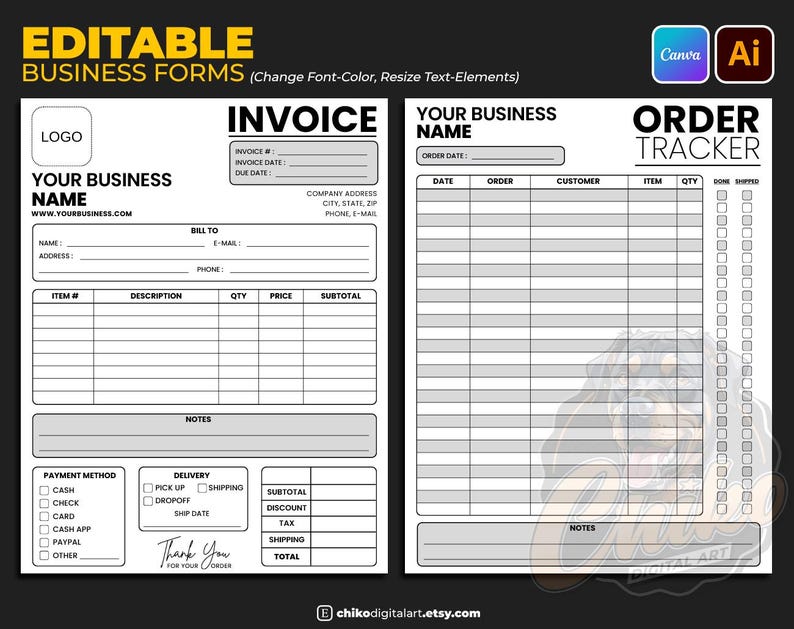 May include: A digital download featuring editable business forms, including an invoice and order tracker. The forms are in black and white with sections for business name, logo, and customer details. The image includes the text "EDITABLE BUSINESS FORMS".