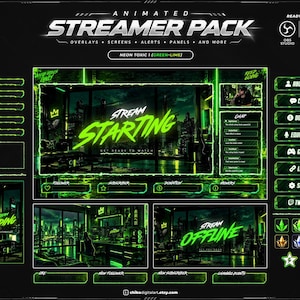 Pode incluir: Um pacote de streaming animado em verde neon e preto, com sobreposições, telas, alertas e painéis. O texto inclui "ANIMATED STREAMER PACK", "NEON TOXIC 1 (GREEN-LIME)", "STREAM STARTING", "STREAM ENDING", "STREAM OFFLINE" e etiquetas como "ABOUT ME", "CHAT" e "DONATE".