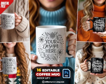 16 redigerbara PSD-mockuper för kaffemuggar 1 | Bundle med vita och svarta koppar | Photoshop 300 ml sublimeringsmockuper | Omedelbar digital nedladdning