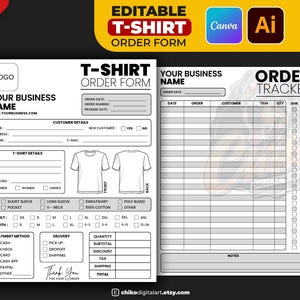 Peut inclure: Un formulaire de commande de t-shirt modifiable en noir et blanc, avec des sections pour les détails du client, les spécifications du t-shirt et les modes de paiement. Comprend un suivi des commandes. Le design affiche le texte "Editable T-Shirt Order Form" et les logos Canva et Adobe Illustrator.