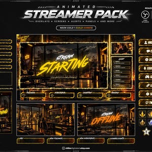 Puede incluir: Un paquete de streaming animado en oro neón y ámbar que incluye superposiciones, pantallas, alertas y paneles. El diseño incluye textos como STREAM STARTING, STREAM ENDING y STREAM OFFLINE, junto con varios iconos y botones de interfaz.
